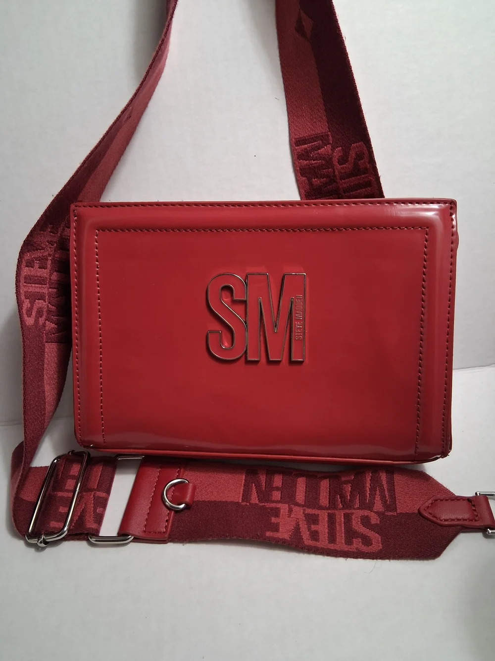 SM Logo Red Patent Messenger Bag with Branded Strap